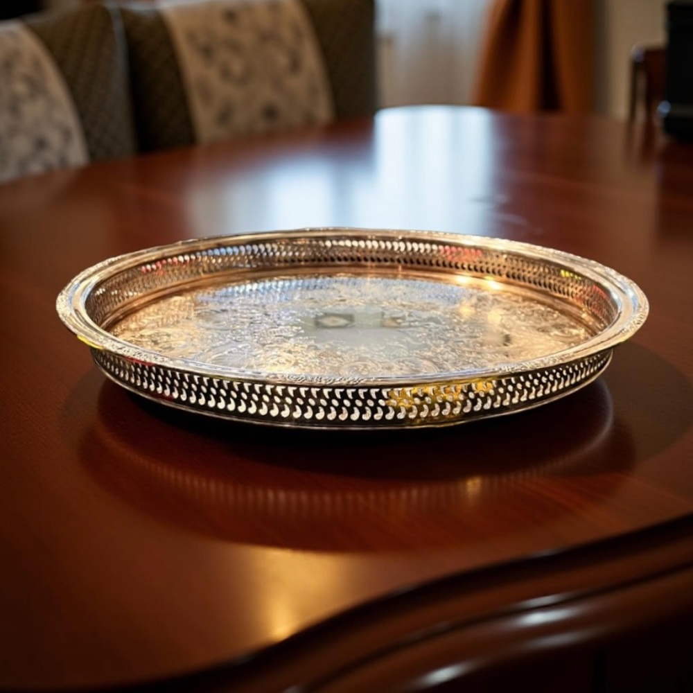 Silver Plated Serving Tray etched & and floral boarder Stunner Vintage